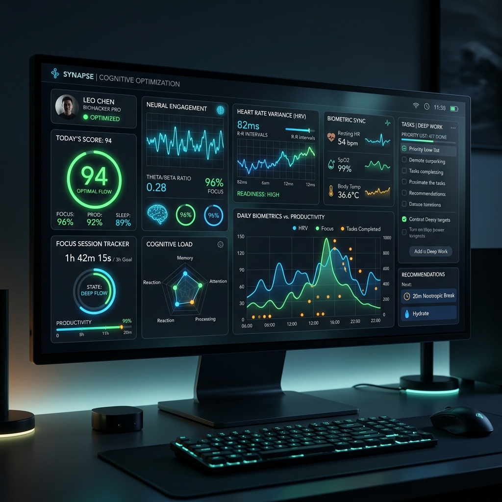 A focused individual engaging in biohacking techniques to enhance productivity and mental clarity