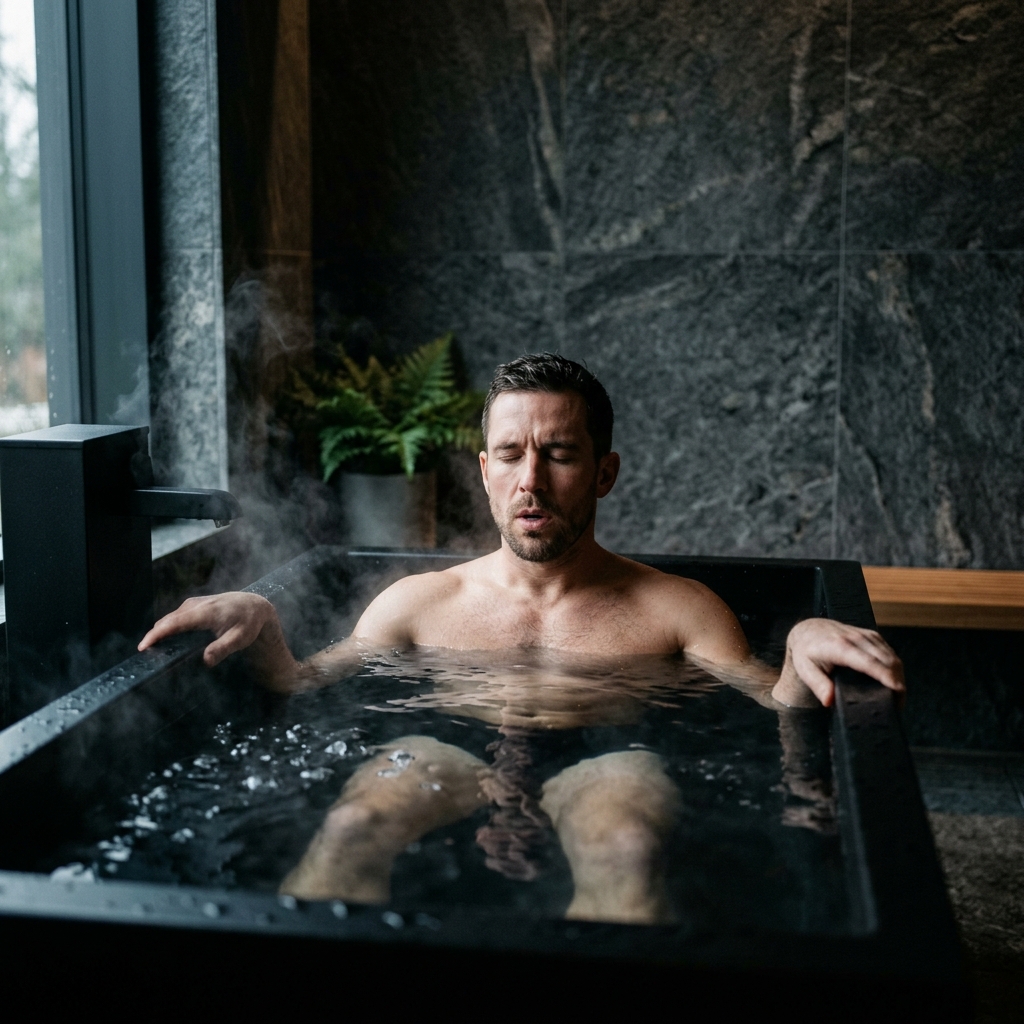 A man sitting in an ice bath with a focused, stoic expression, demonstrating mental grit and discipline
