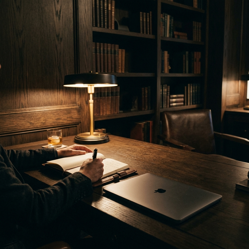 A focused man working in a minimalist environment, embodying discipline and deep work principles
