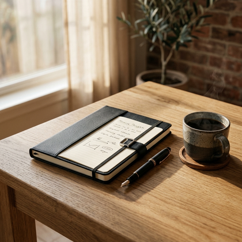 A minimalist workspace featuring a closed laptop and a single open notebook, symbolizing a deliberate break from digital distractions to cultivate elite focus