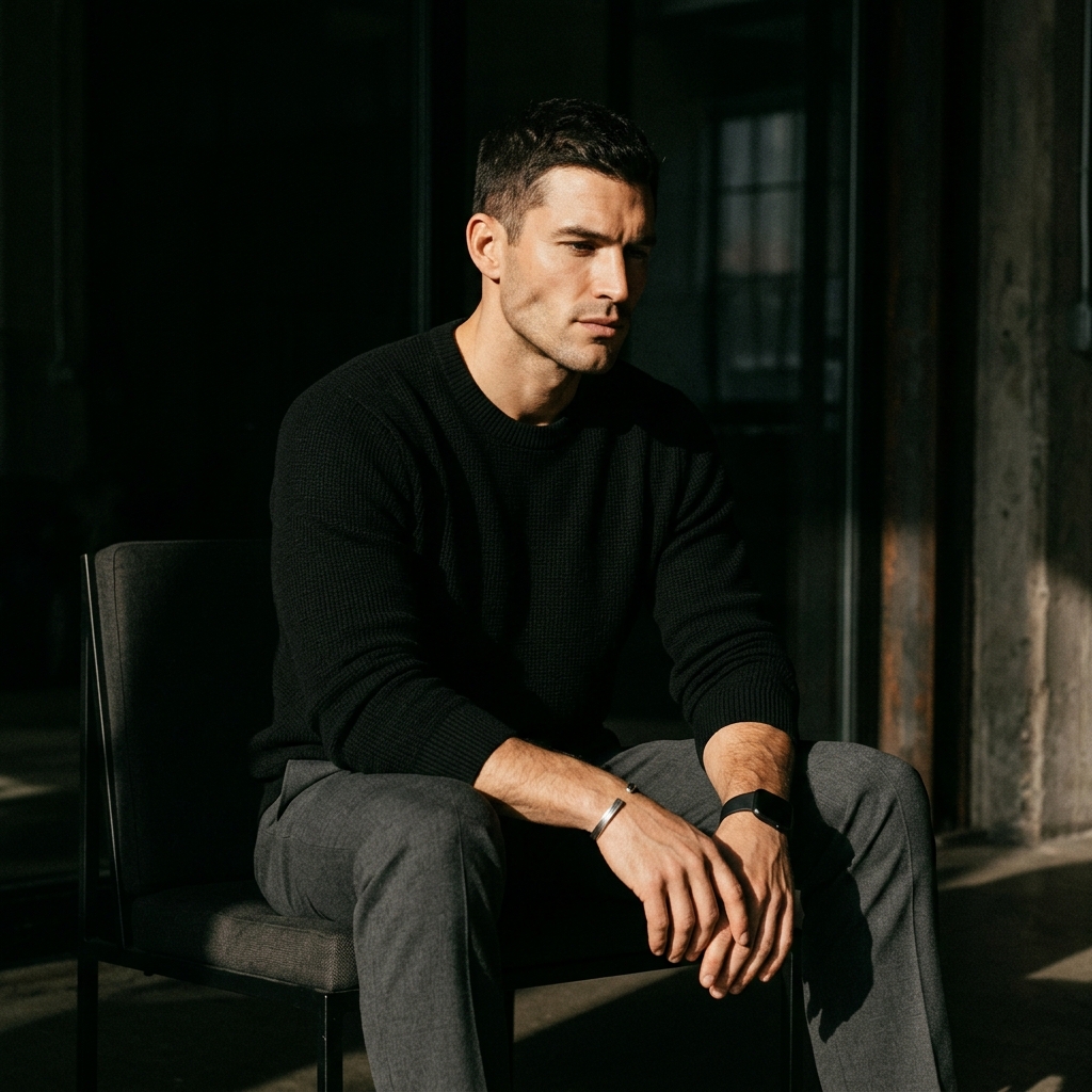 A focused man embodying emotional maturity and discipline, with a serene expression that suggests depth and insight.