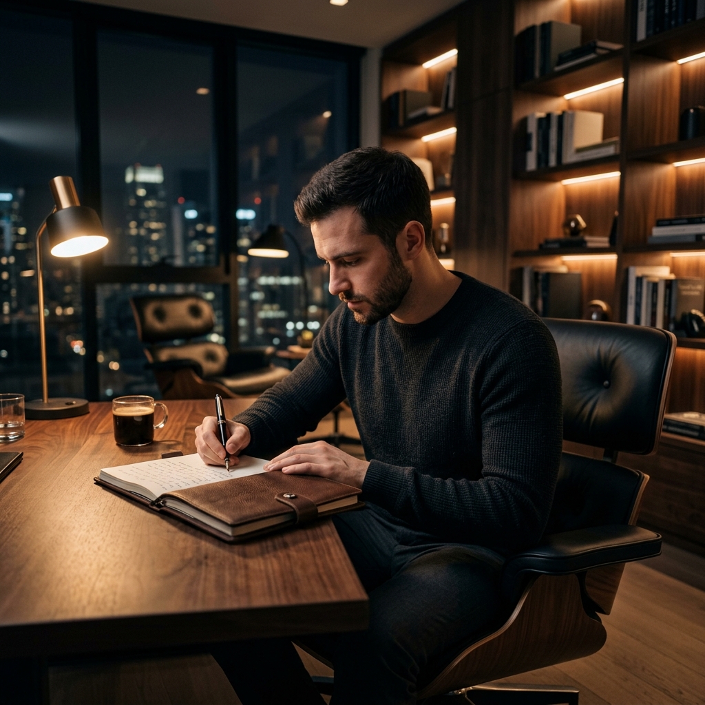 A man in a minimalist study intensely focused on strategic planning, symbolizing the clarity and direction brought by a disciplined mindset transformation
