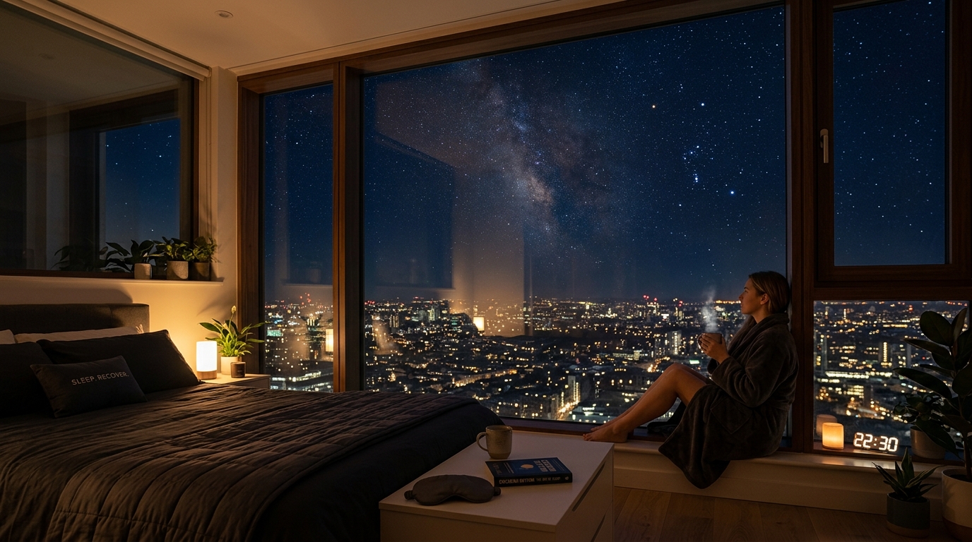 A motivational image showcasing a peaceful bedroom environment, highlighting the theme of optimizing sleep for discipline and performance
