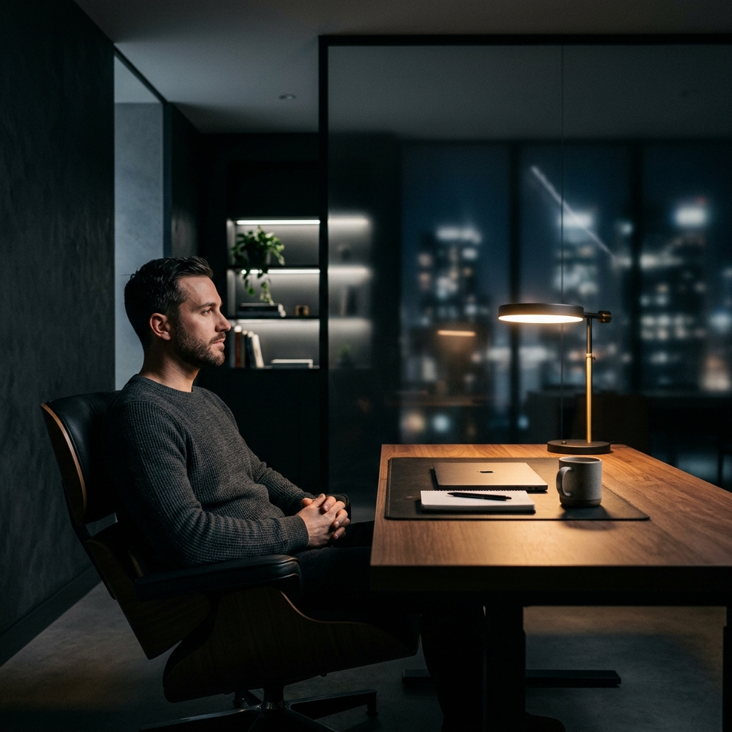 A man sitting alone in a quiet, minimalist study, deeply focused on writing and strategic planning, illustrating the mental clarity achieved through intentional solitude