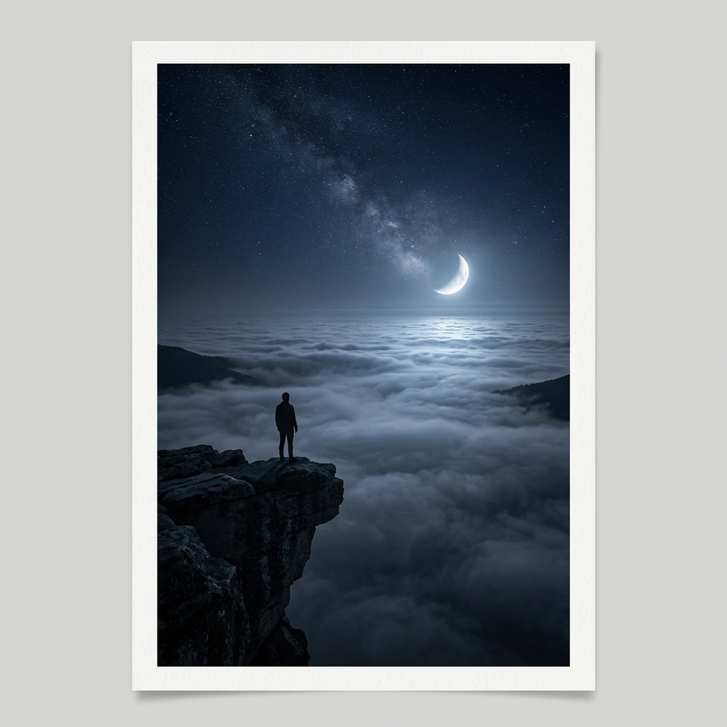 A minimalist desk positioned near a large window overlooking a serene, misty mountain landscape at dawn, representing the overarching theme of solitude and disciplined cognitive training