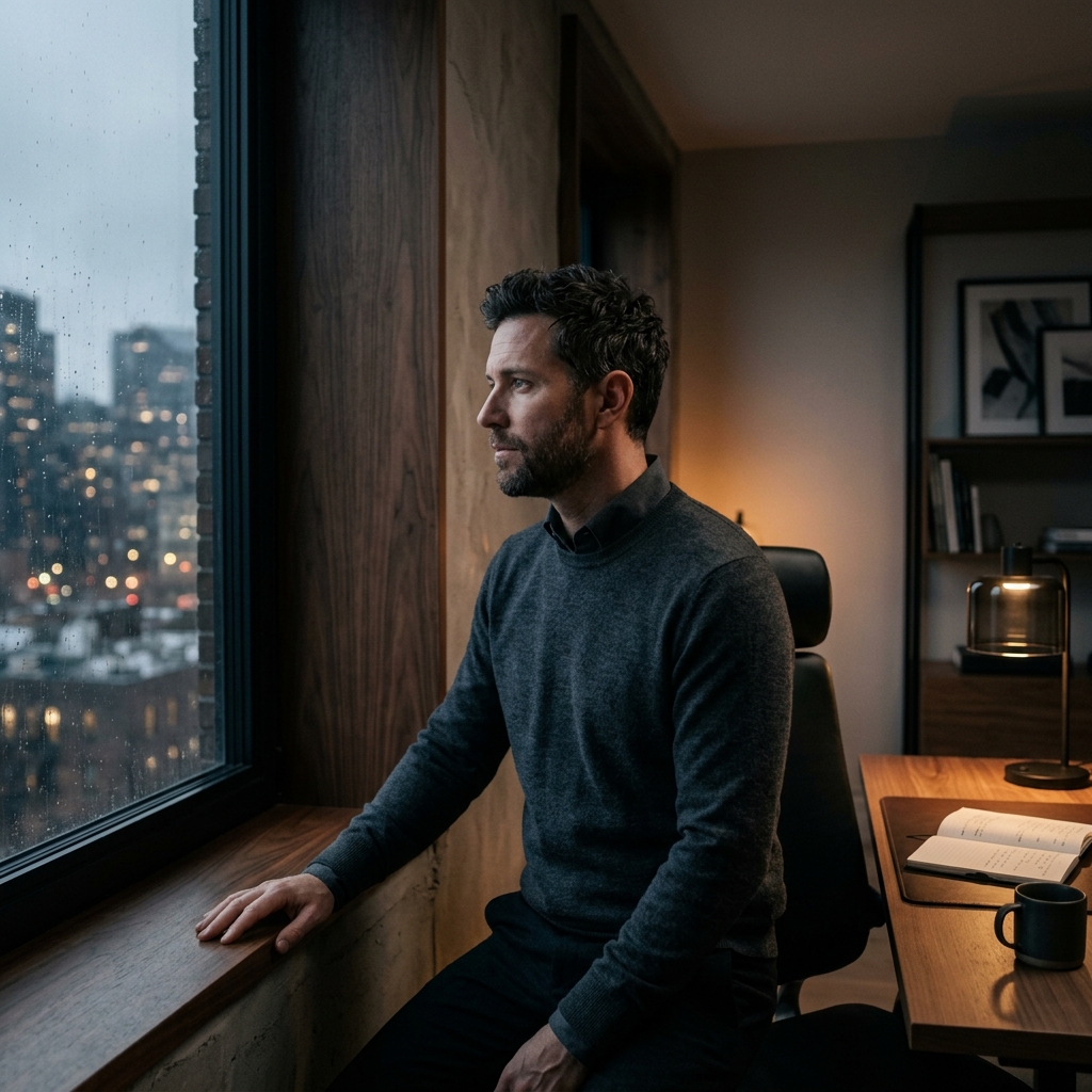 A thoughtful man reflecting on the balance of empathy and strength