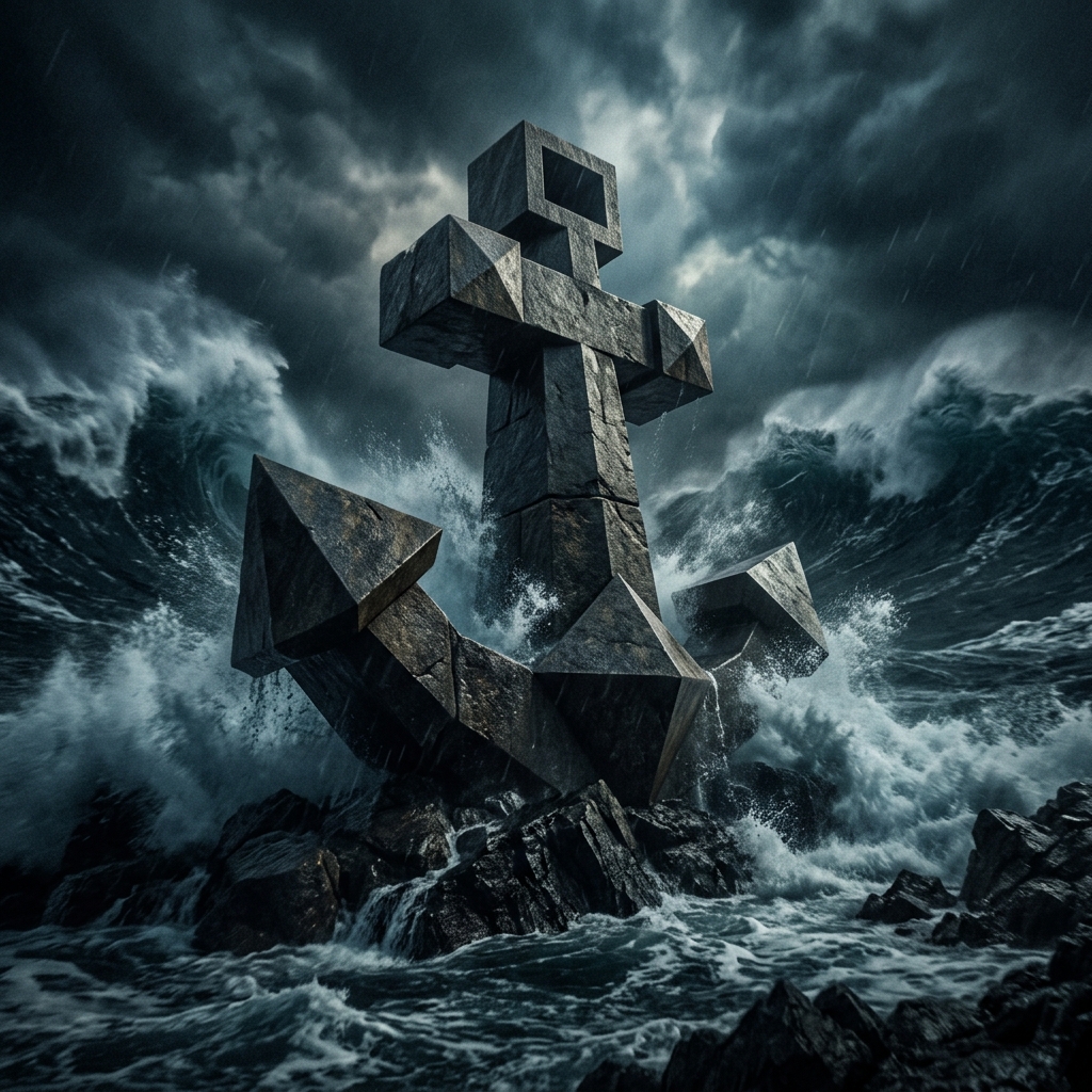 A family standing together on a rocky shore weathering a storm, representing unity, masculine duty, and crisis management