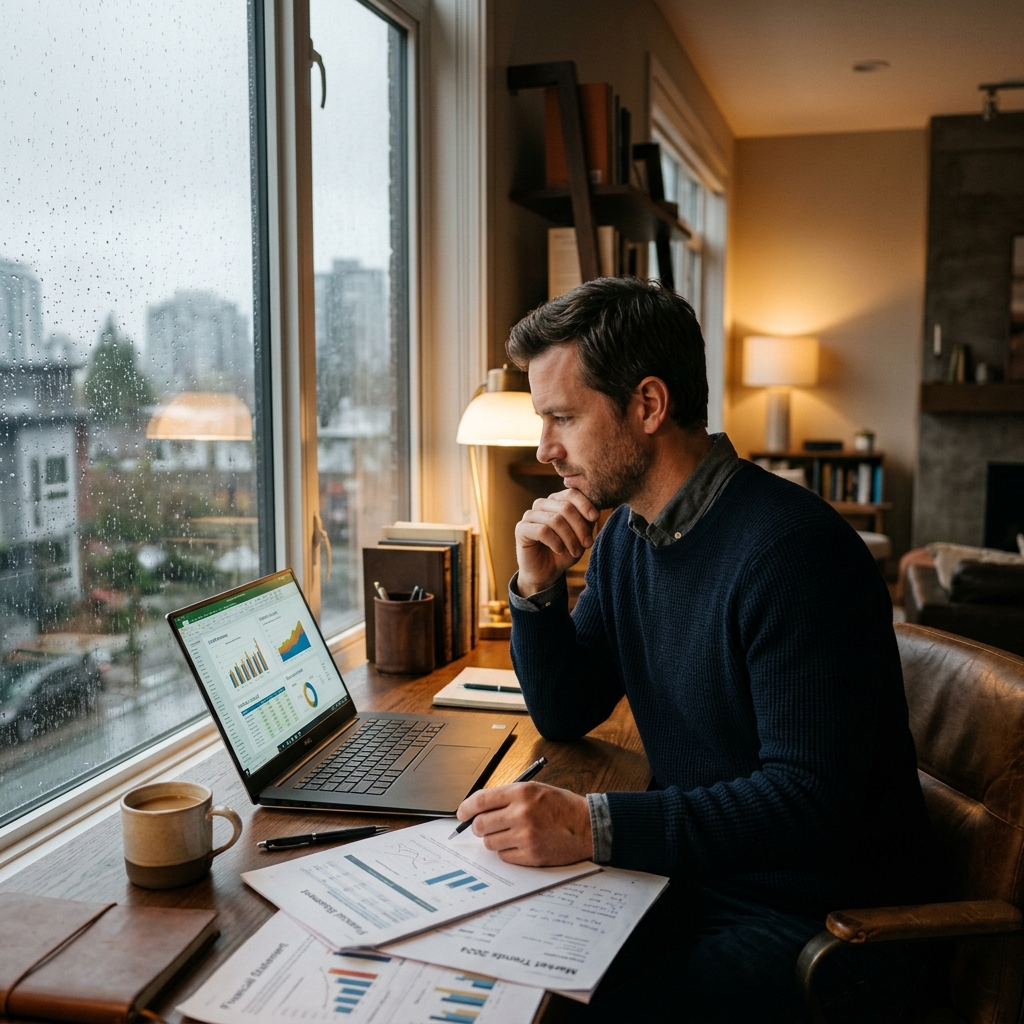 A father looking thoughtfully out a window while reviewing family finances, symbolizing calm leadership during economic stress