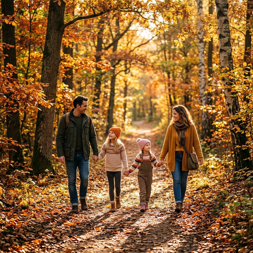 A family walking together through a forest trail, representing unity and forward momentum under the father's guidance
