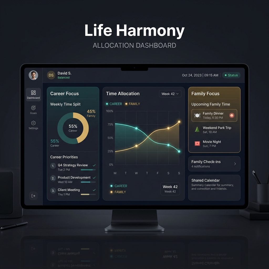 A thematic representation of balanced lifestyle elements: work, family, and personal growth