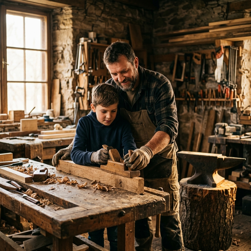A father and son working together on a mechanical project, symbolizing focus and the transmission of hands-on work ethic