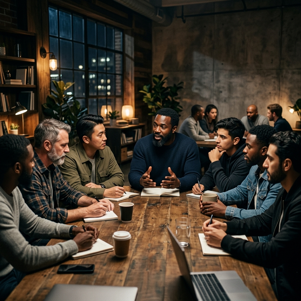 A diverse group of men engaged in a community discussion, reflecting modern masculinity and collaboration