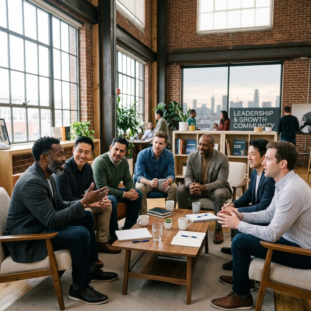 A diverse group of men sharing experiences and building community around modern masculinity
