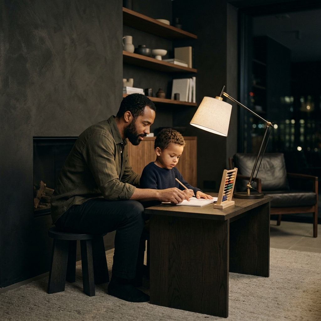 Stoic father teaching child in a calm minimalist home environment