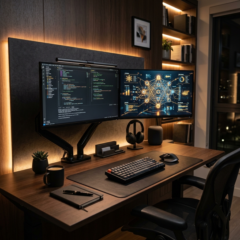 A focused solopreneur analyzing AI-driven business scaling charts on a dual-monitor setup in a minimalist office