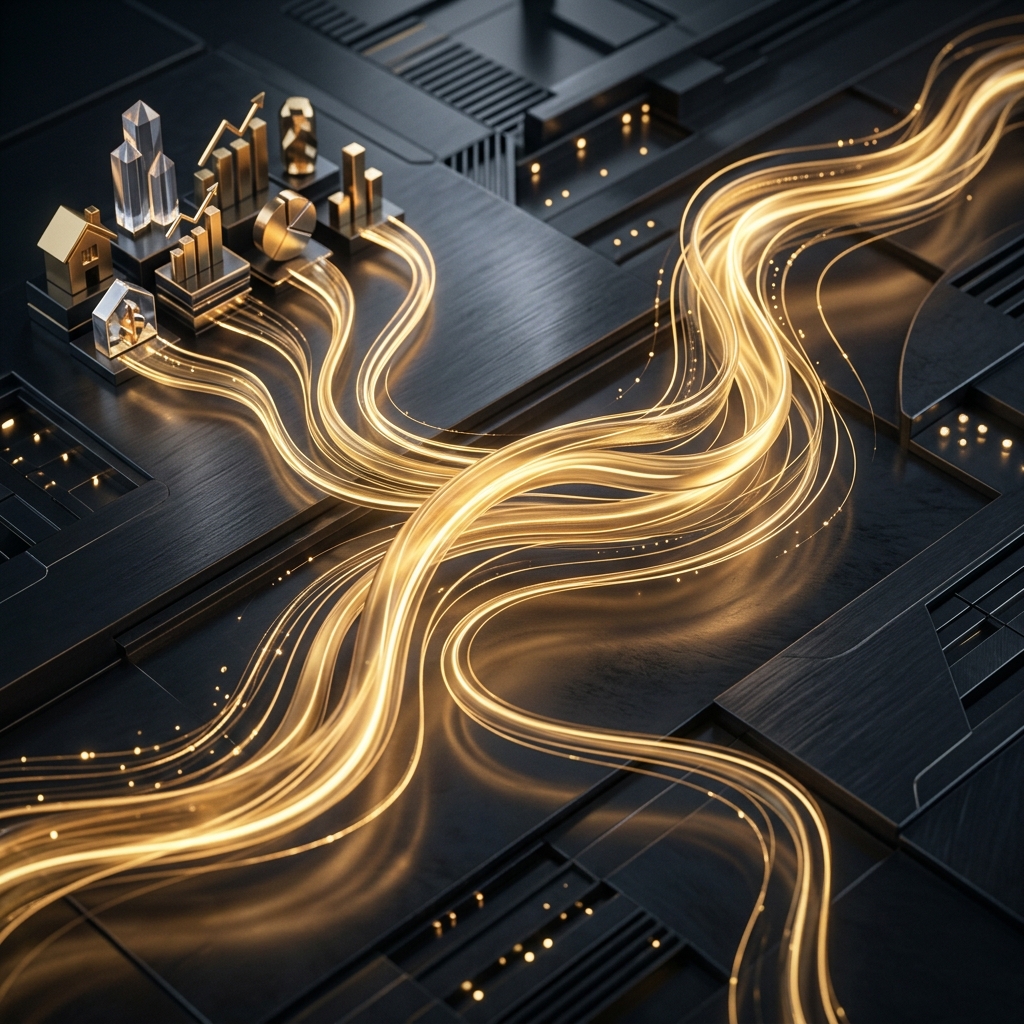 A conceptual representation of a digital goldmine with interconnected AI media nodes and wealth-building data streams