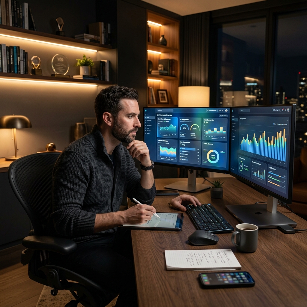 A modern workspace with a focused entrepreneur analyzing AI content metrics on dual monitors