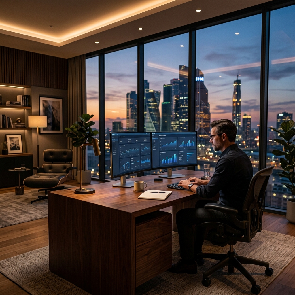 Focused individual contemplating digital real estate opportunities