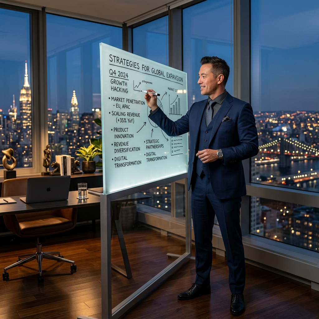A focused entrepreneur strategizing and leading his team toward success
