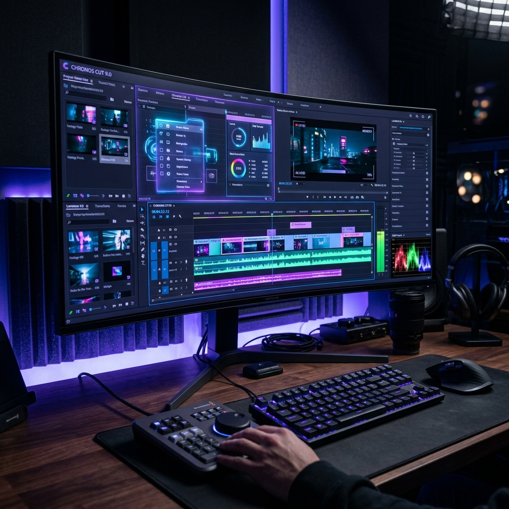 A modern, minimalist desk setup showing a computer screen with AI video editing software and analytics, representing focus and automation in digital wealth creation