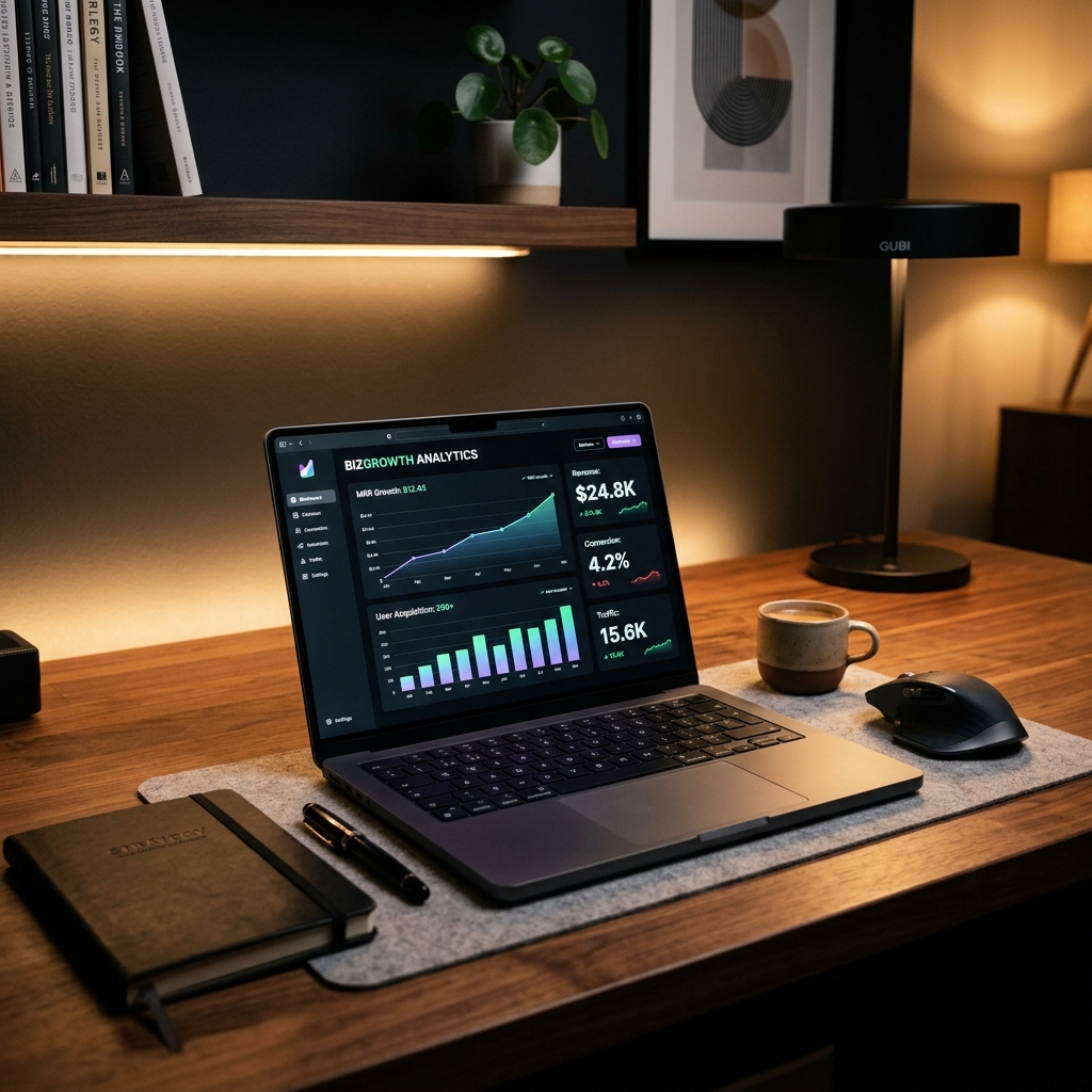 A focused entrepreneur analyzing micro-saas metrics and growth charts on a dual monitor setup